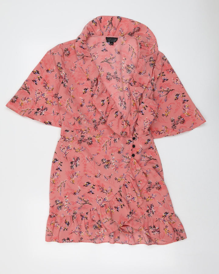 Topshop Womens Pink Floral Polyester Skater Dress Size 10 V-Neck Button