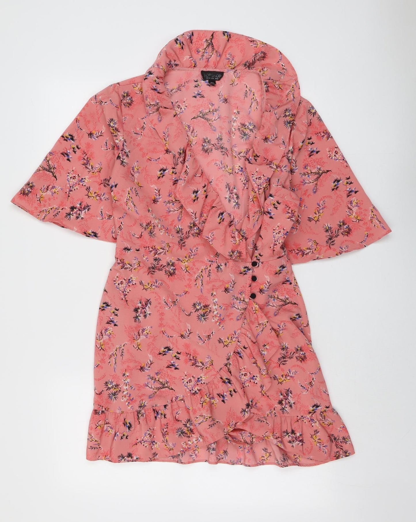 Topshop Womens Pink Floral Polyester Skater Dress Size 10 V-Neck Button