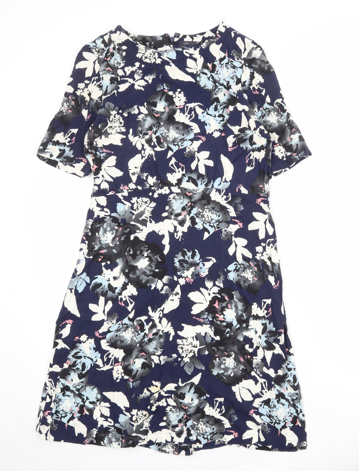 Marks and Spencer Womens Blue Geometric Viscose Trapeze & Swing Size 12 Round Neck Zip