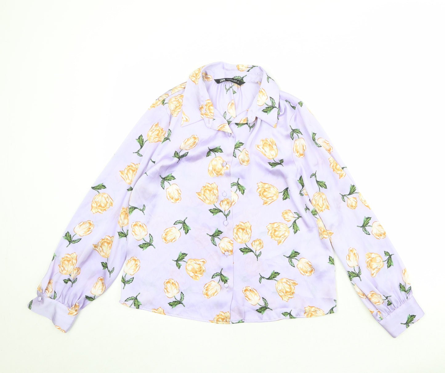 Zara Womens Purple Floral Polyester Basic Button-Up Size S Collared
