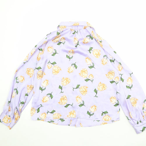 Zara Womens Purple Floral Polyester Basic Button-Up Size S Collared