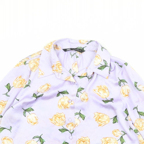 Zara Womens Purple Floral Polyester Basic Button-Up Size S Collared
