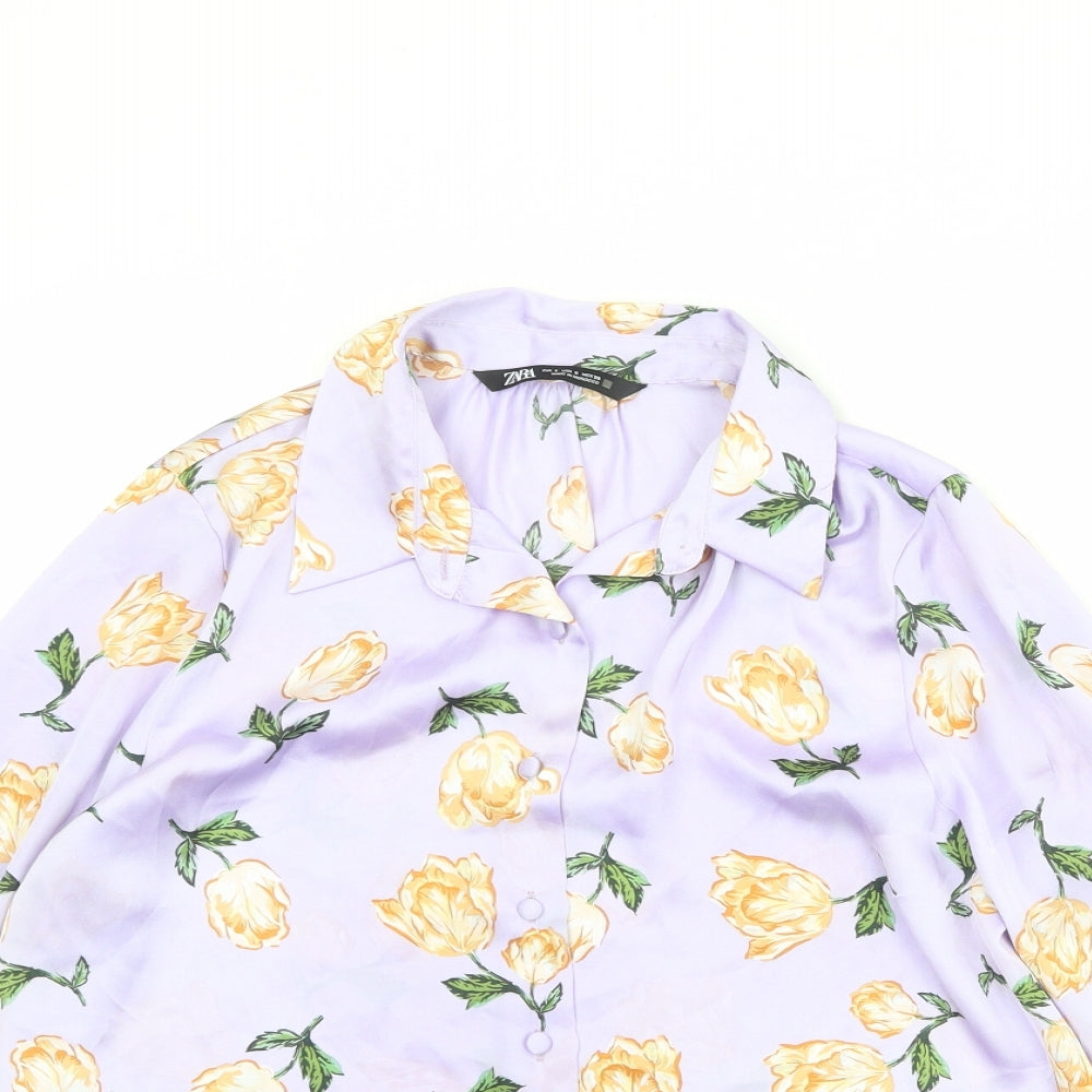 Zara Womens Purple Floral Polyester Basic Button-Up Size S Collared