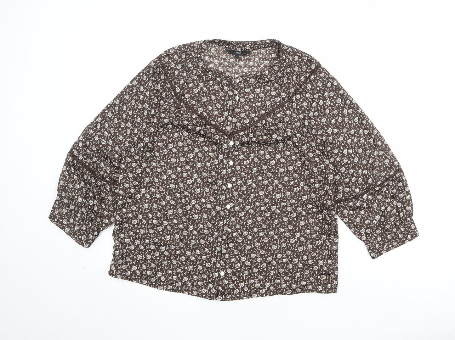 NEXT Womens Brown Geometric Polyester Basic Button-Up Size 12 Round Neck