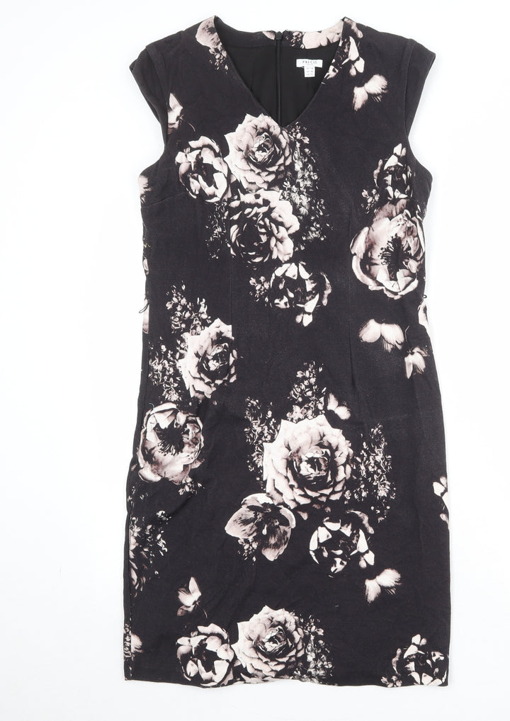 Precis Womens Black Floral Viscose Shift Size 14 V-Neck Zip