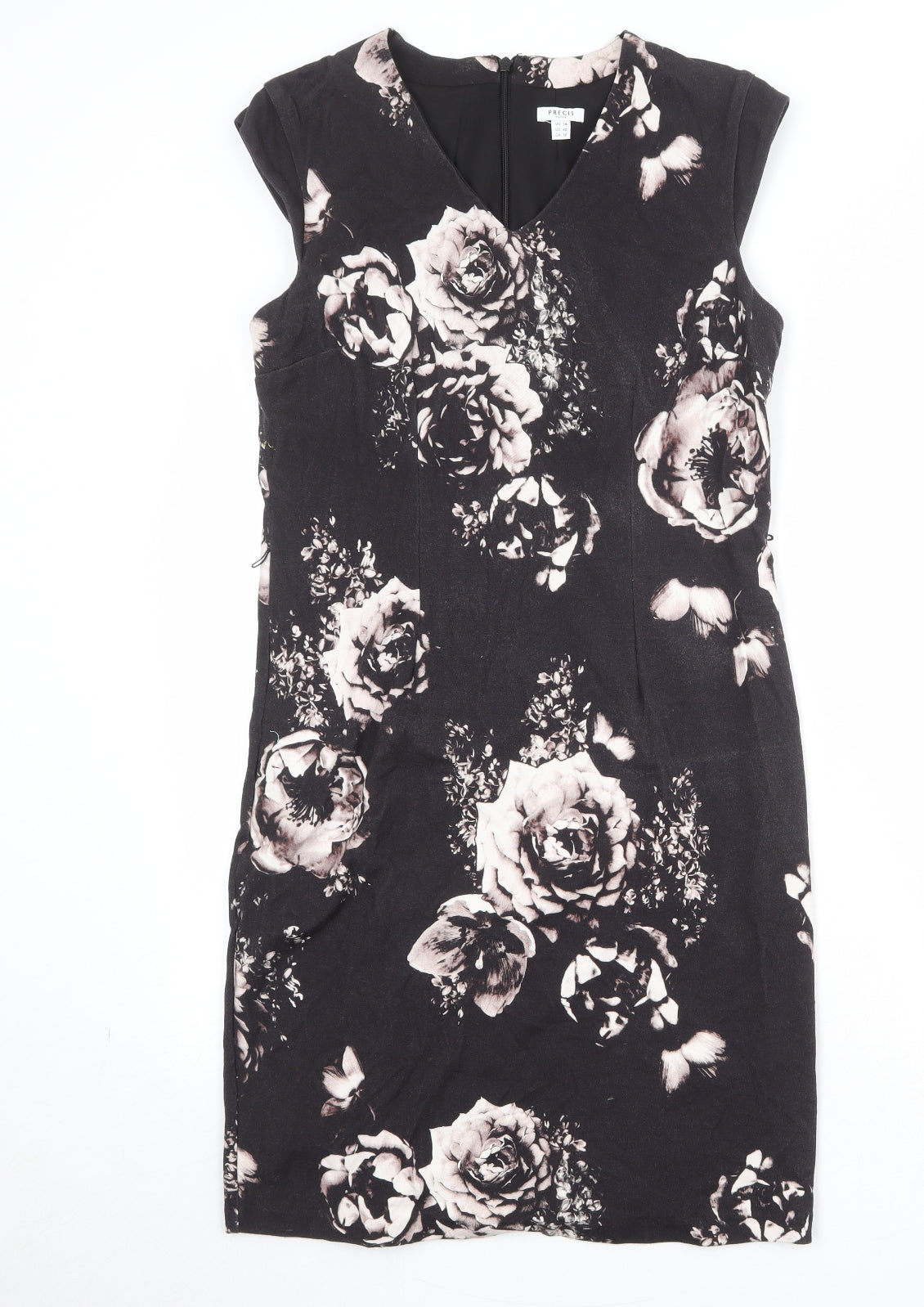 Precis Womens Black Floral Viscose Shift Size 14 V-Neck Zip
