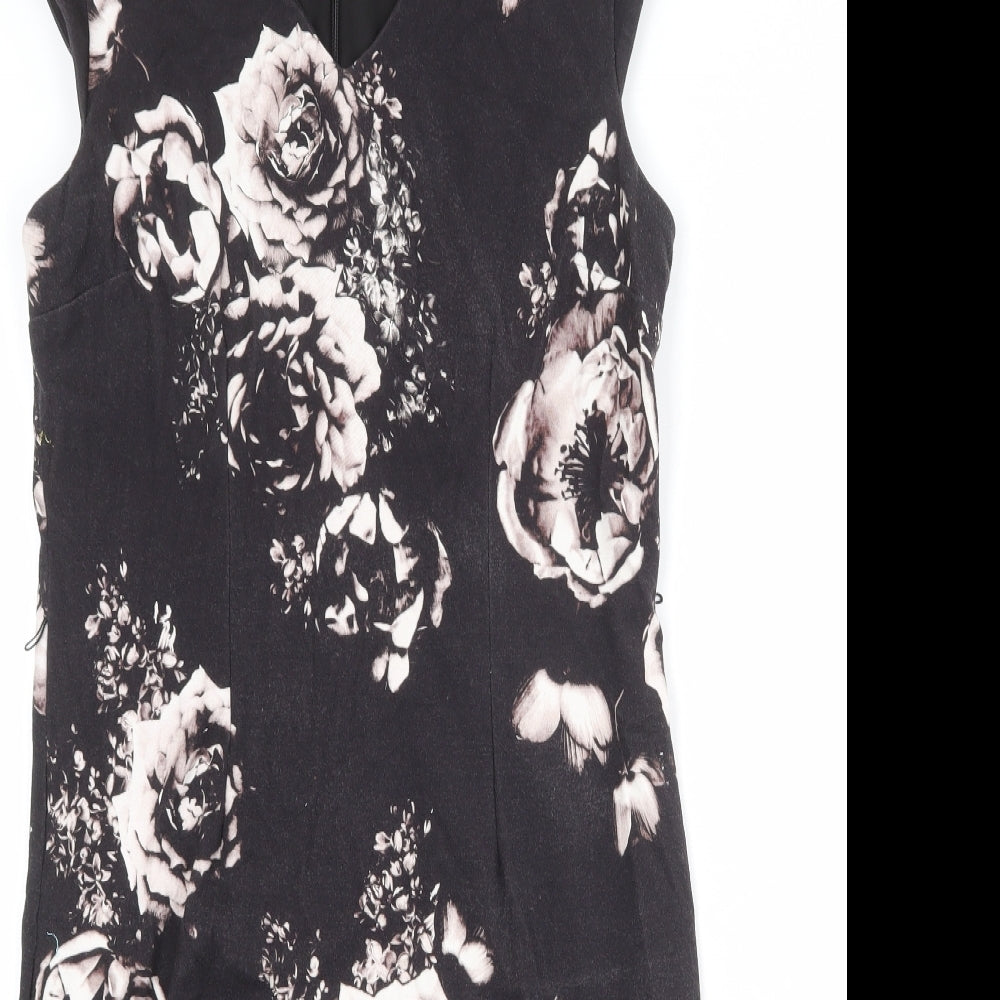 Precis Womens Black Floral Viscose Shift Size 14 V-Neck Zip