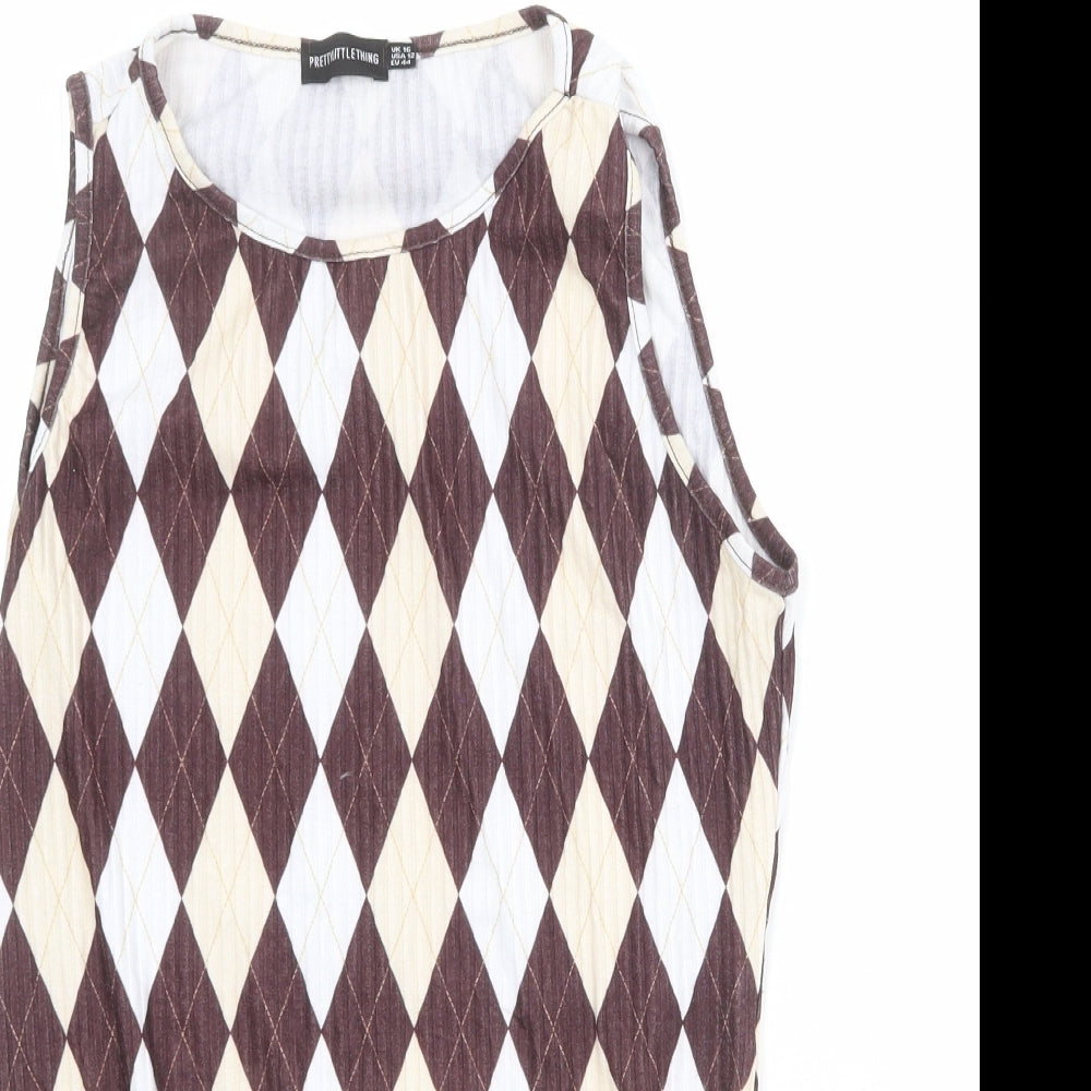 PRETTYLITTLETHING Womens Multicoloured Argyle/Diamond Polyester Bodysuit One-Piece Size 16 Snap