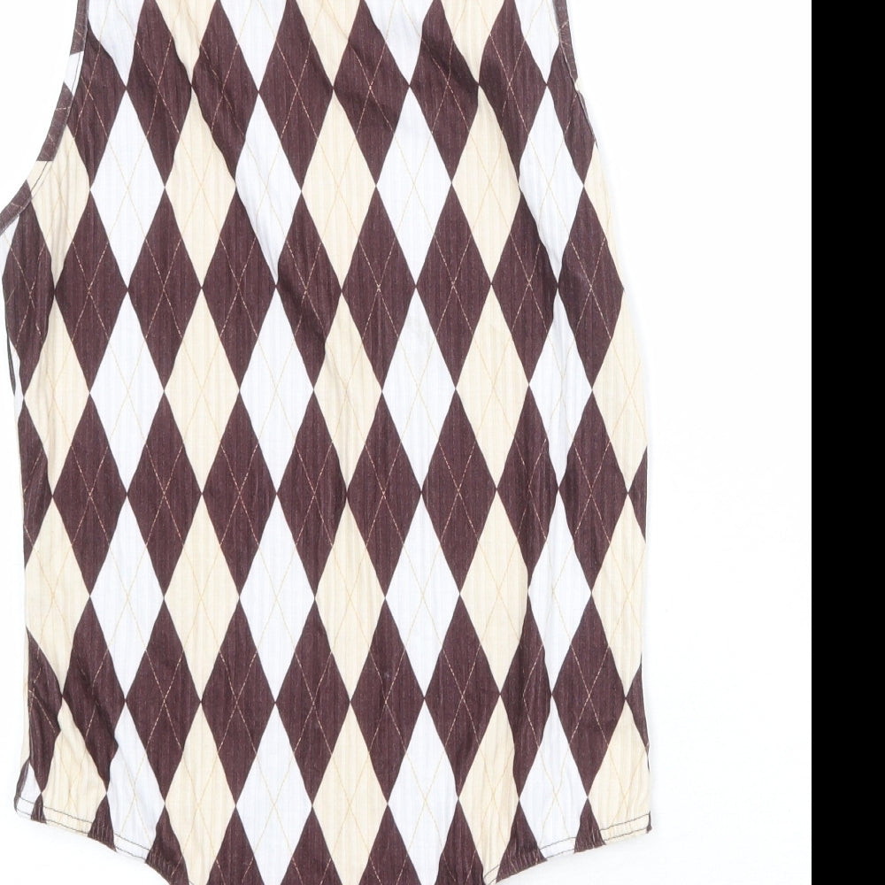 PRETTYLITTLETHING Womens Multicoloured Argyle/Diamond Polyester Bodysuit One-Piece Size 16 Snap