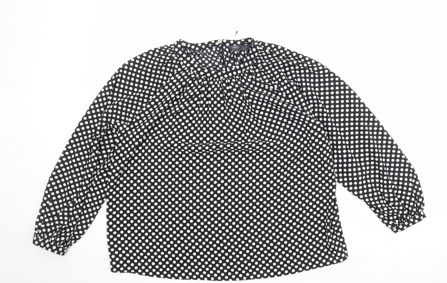 Marks and Spencer Womens Black Polka Dot Polyester Basic Blouse Size 12 Round Neck - Pleated Detail