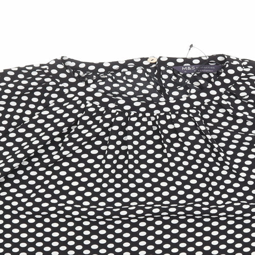Marks and Spencer Womens Black Polka Dot Polyester Basic Blouse Size 12 Round Neck - Pleated Detail