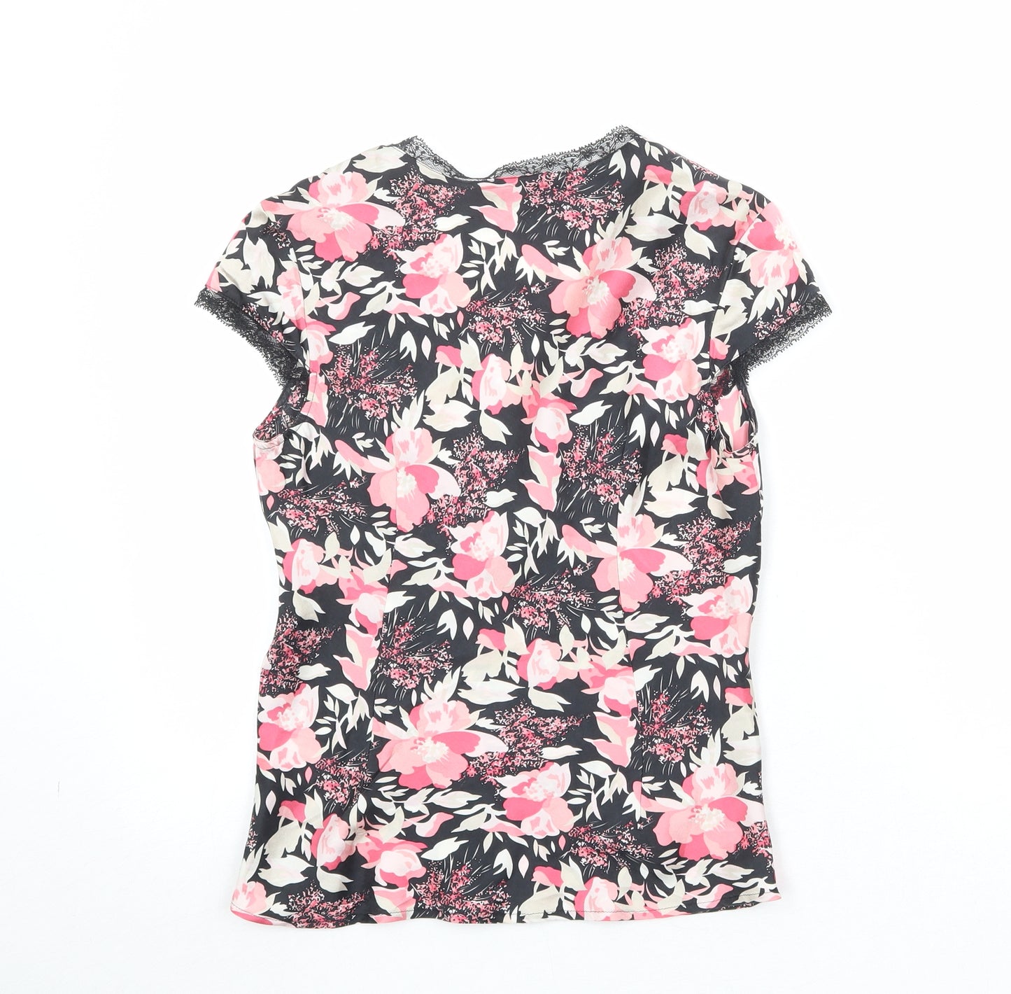 NEXT Womens Black Floral Silk Basic Blouse Size 6 V-Neck - Lace Trim