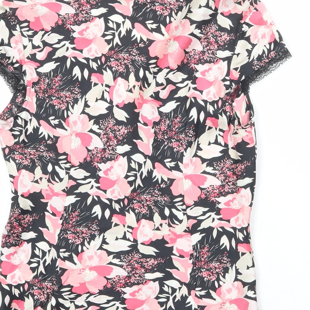 NEXT Womens Black Floral Silk Basic Blouse Size 6 V-Neck - Lace Trim