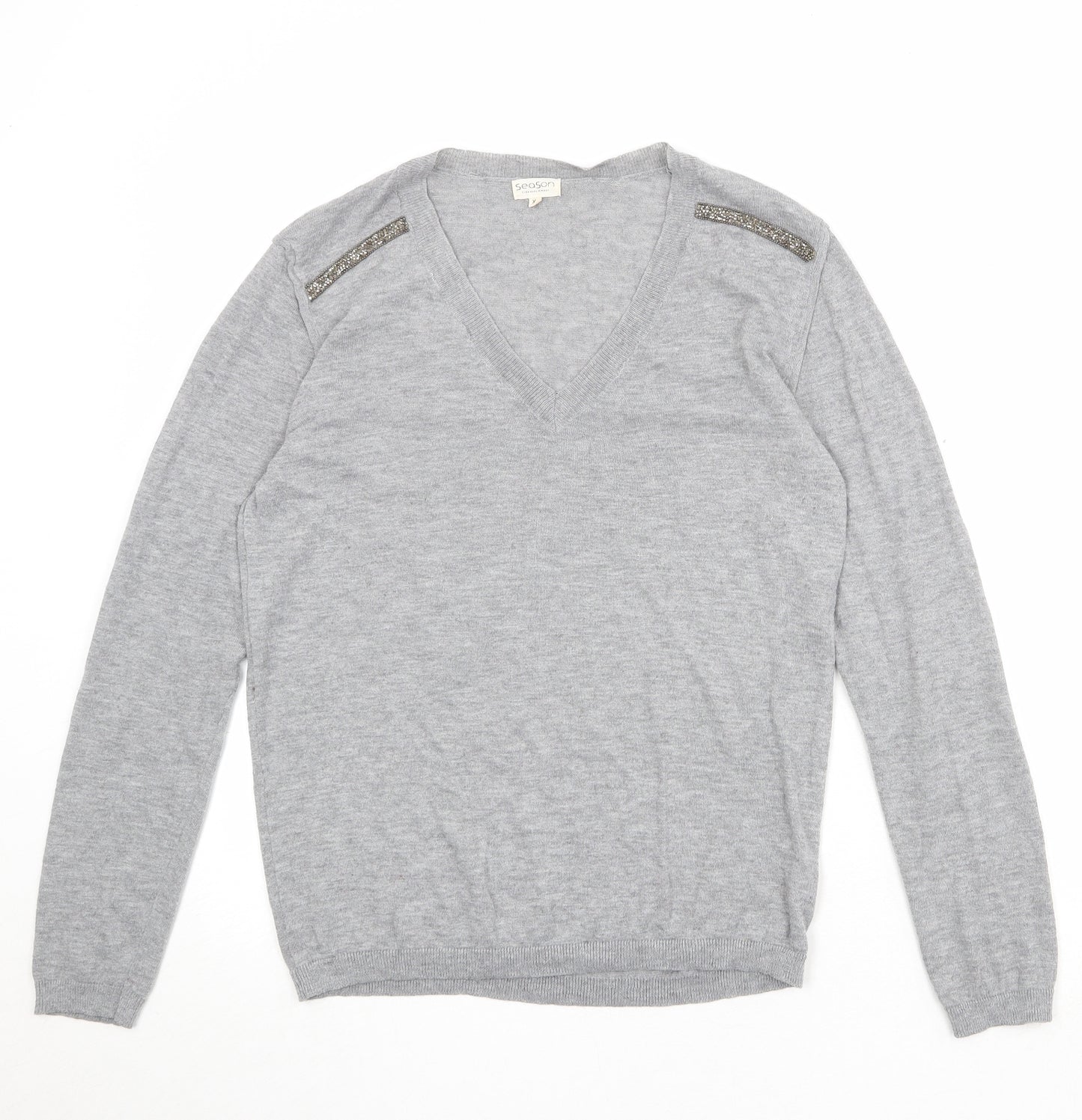 Season Womens Grey V-Neck Polyester Pullover Jumper Size XL