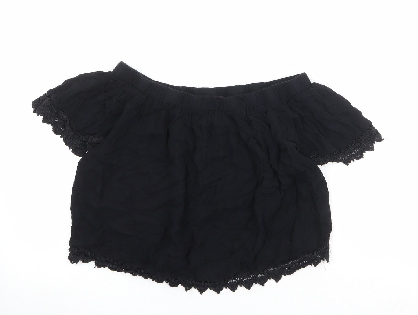 Select Womens Black Viscose Cropped Blouse Size 14 Off the Shoulder - Crocheted Lace Detail