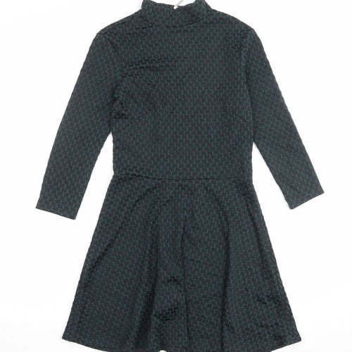 H&M Womens Green Geometric Cotton Skater Dress Size S Mock Neck Zip