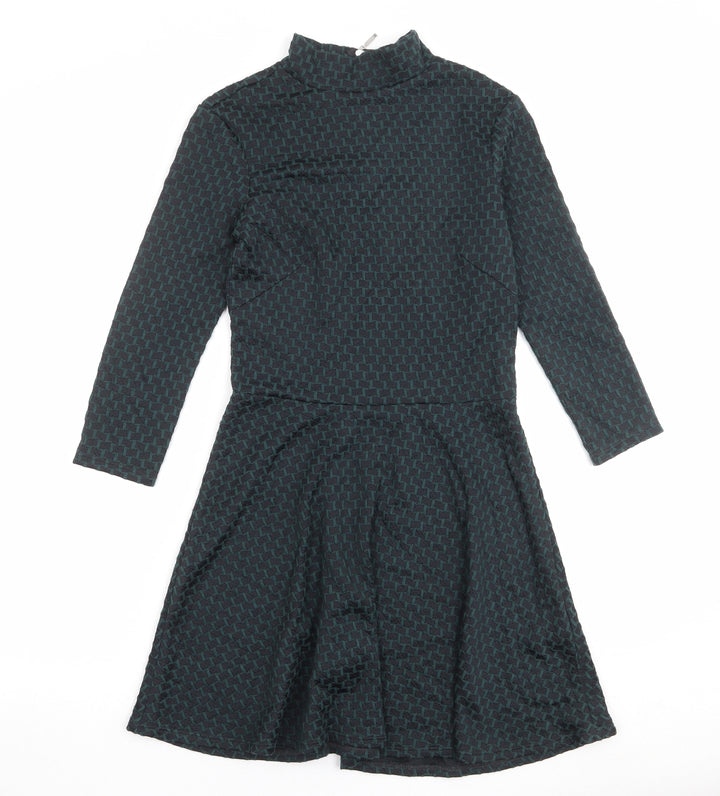 H&M Womens Green Geometric Cotton Skater Dress Size S Mock Neck Zip