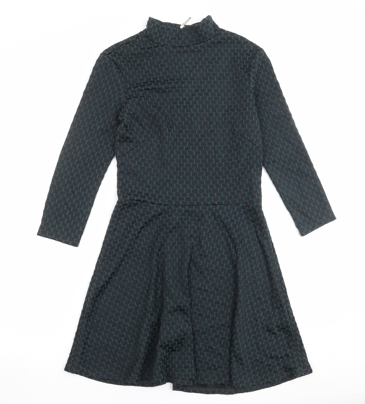 H&M Womens Green Geometric Cotton Skater Dress Size S Mock Neck Zip