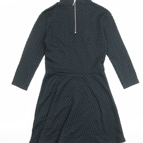 H&M Womens Green Geometric Cotton Skater Dress Size S Mock Neck Zip