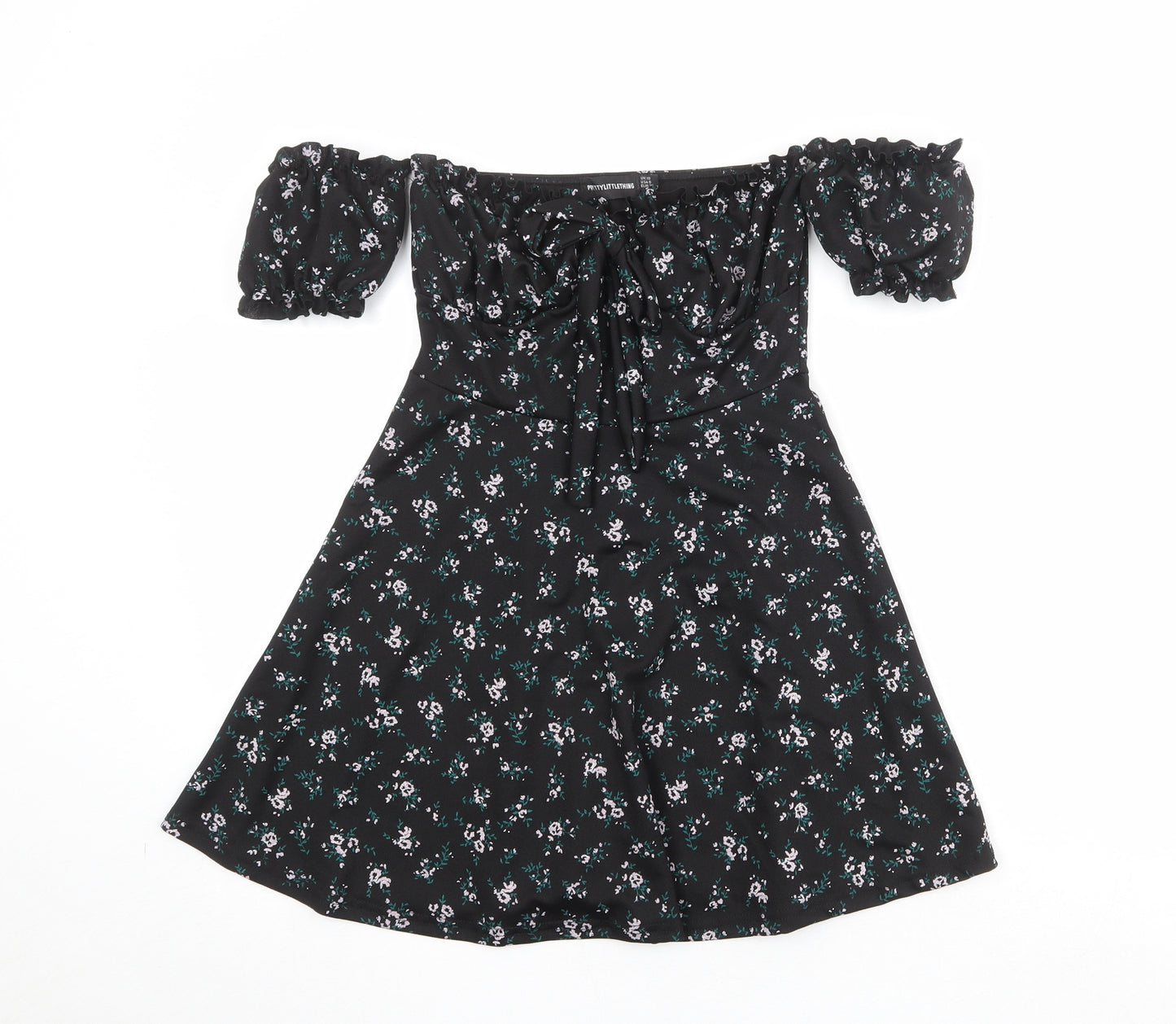 PRETTYLITTLETHING Womens Black Floral Polyester Mini Size 10 Off the Shoulder Pullover - Tie Front Detail