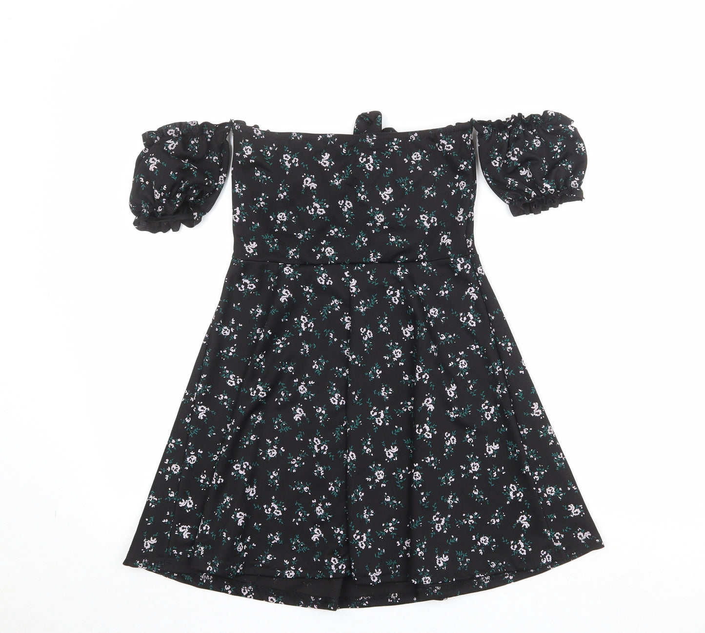 PRETTYLITTLETHING Womens Black Floral Polyester Mini Size 10 Off the Shoulder Pullover - Tie Front Detail