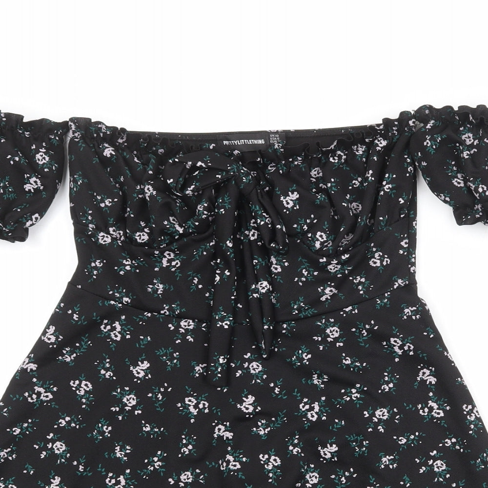 PRETTYLITTLETHING Womens Black Floral Polyester Mini Size 10 Off the Shoulder Pullover - Tie Front Detail