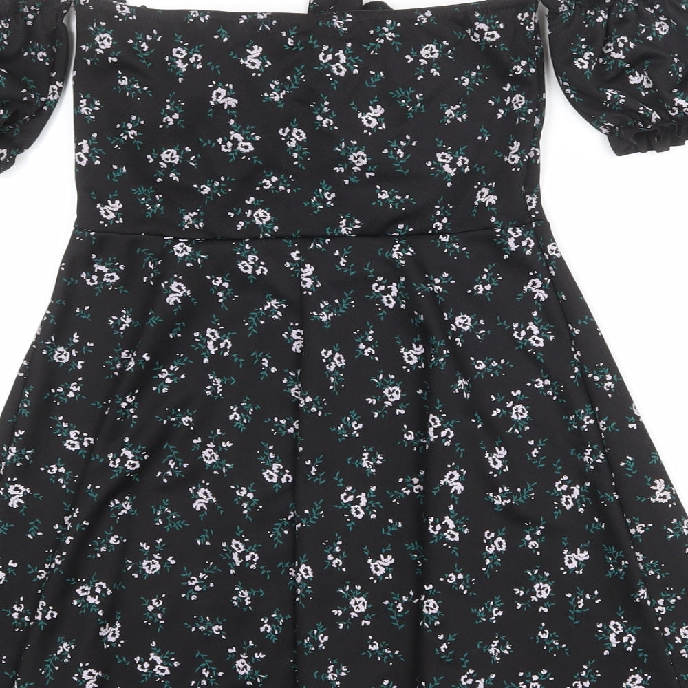 PRETTYLITTLETHING Womens Black Floral Polyester Mini Size 10 Off the Shoulder Pullover - Tie Front Detail