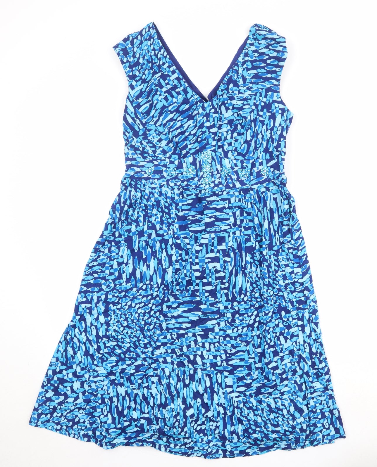 Debenhams Womens Blue Geometric 100% Cotton A-Line Size 14 V-Neck Pullover