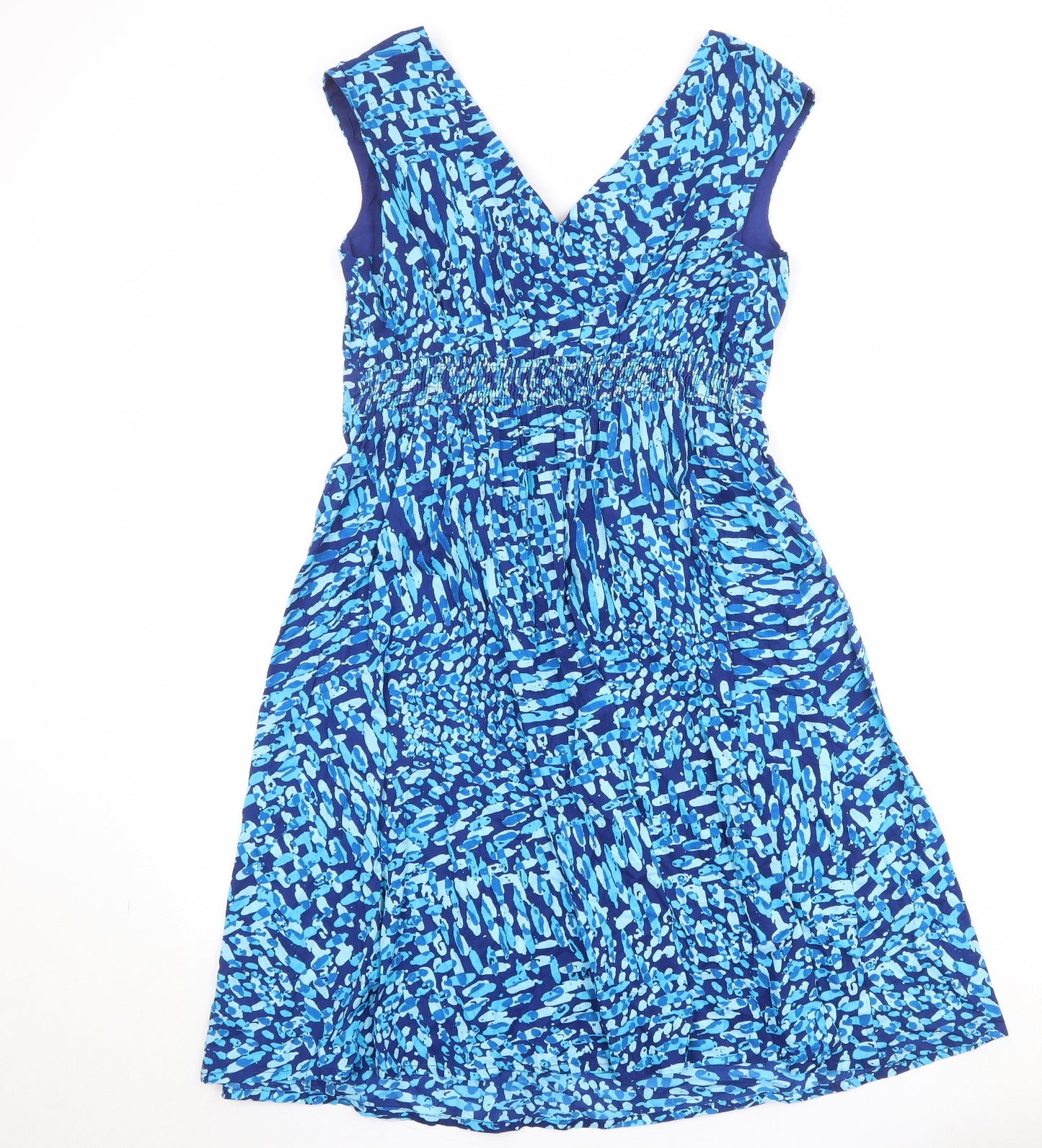 Debenhams Womens Blue Geometric 100% Cotton A-Line Size 14 V-Neck Pullover