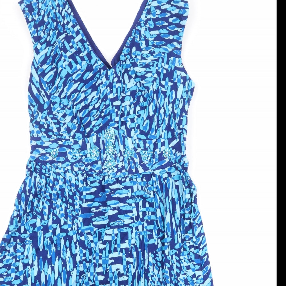 Debenhams Womens Blue Geometric 100% Cotton A-Line Size 14 V-Neck Pullover
