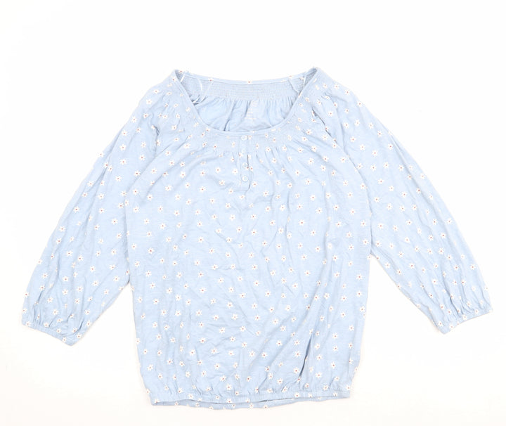 M&Co Womens Blue Floral Cotton Basic Blouse Size 8 Boat Neck