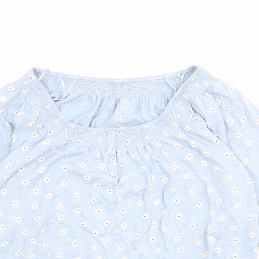 M&Co Womens Blue Floral Cotton Basic Blouse Size 8 Boat Neck