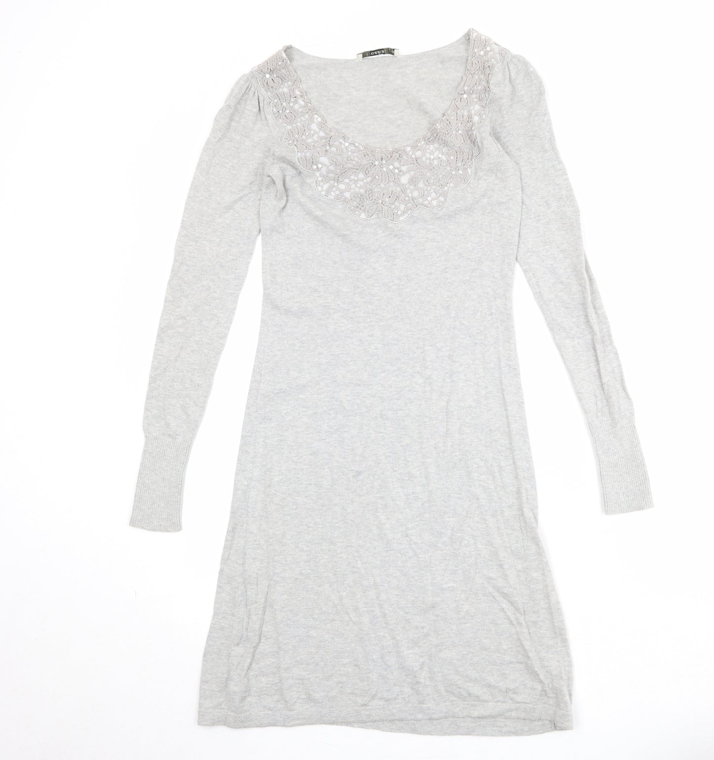 Oasis Womens Grey Cotton Jumper Dress Size XS Scoop Neck Pullover - Crocheted Lace Detail