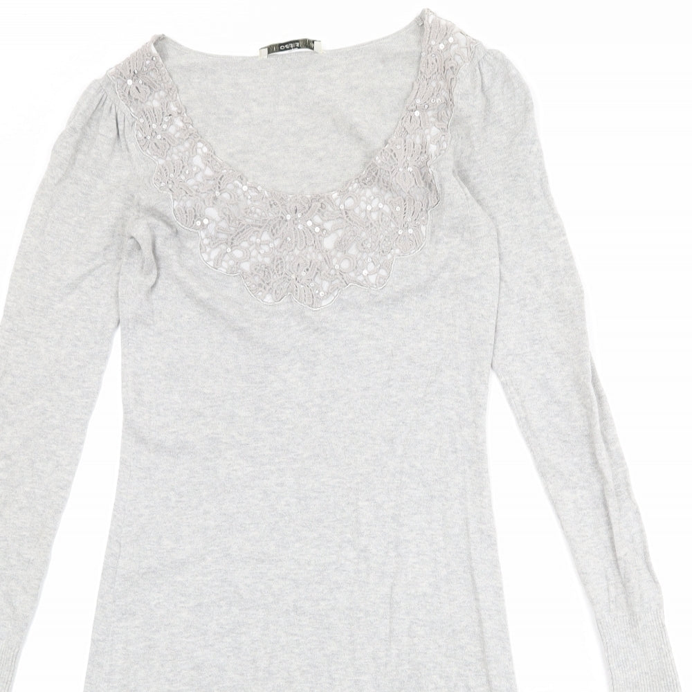 Oasis Womens Grey Cotton Jumper Dress Size XS Scoop Neck Pullover - Crocheted Lace Detail
