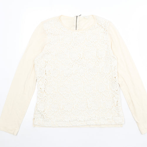 Trenery Womens Beige Cotton Basic Blouse Size XS Round Neck - Crocheted Lace Front