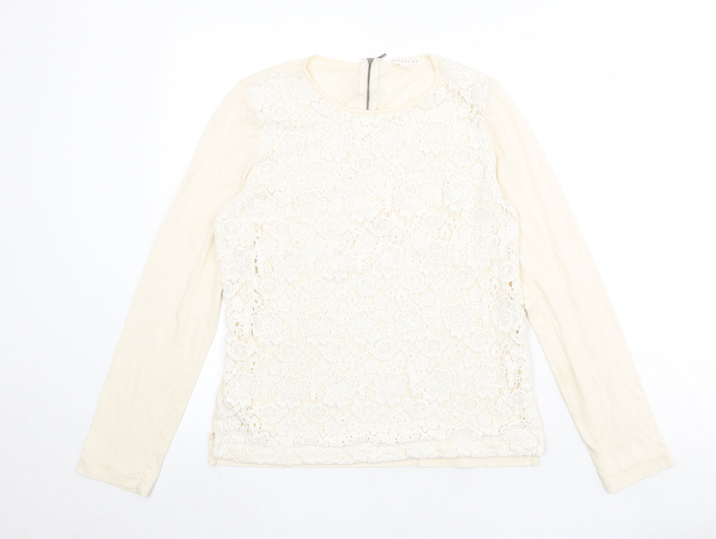Trenery Womens Beige Cotton Basic Blouse Size XS Round Neck - Crocheted Lace Front