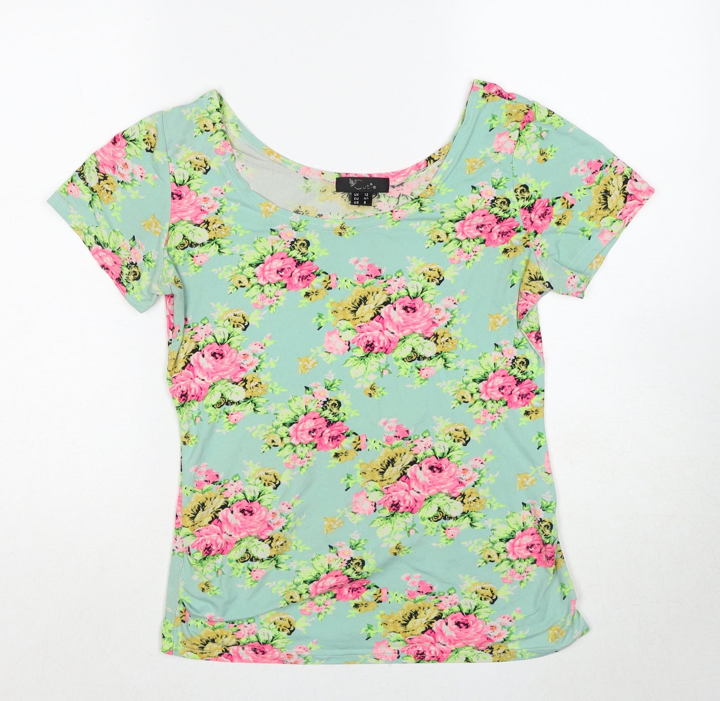 Cutie Womens Multicoloured Floral Cotton Basic T-Shirt Size 12 Boat Neck