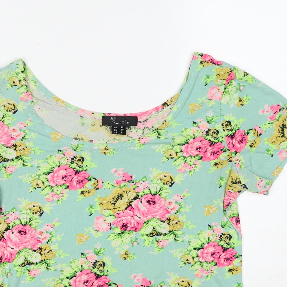 Cutie Womens Multicoloured Floral Cotton Basic T-Shirt Size 12 Boat Neck