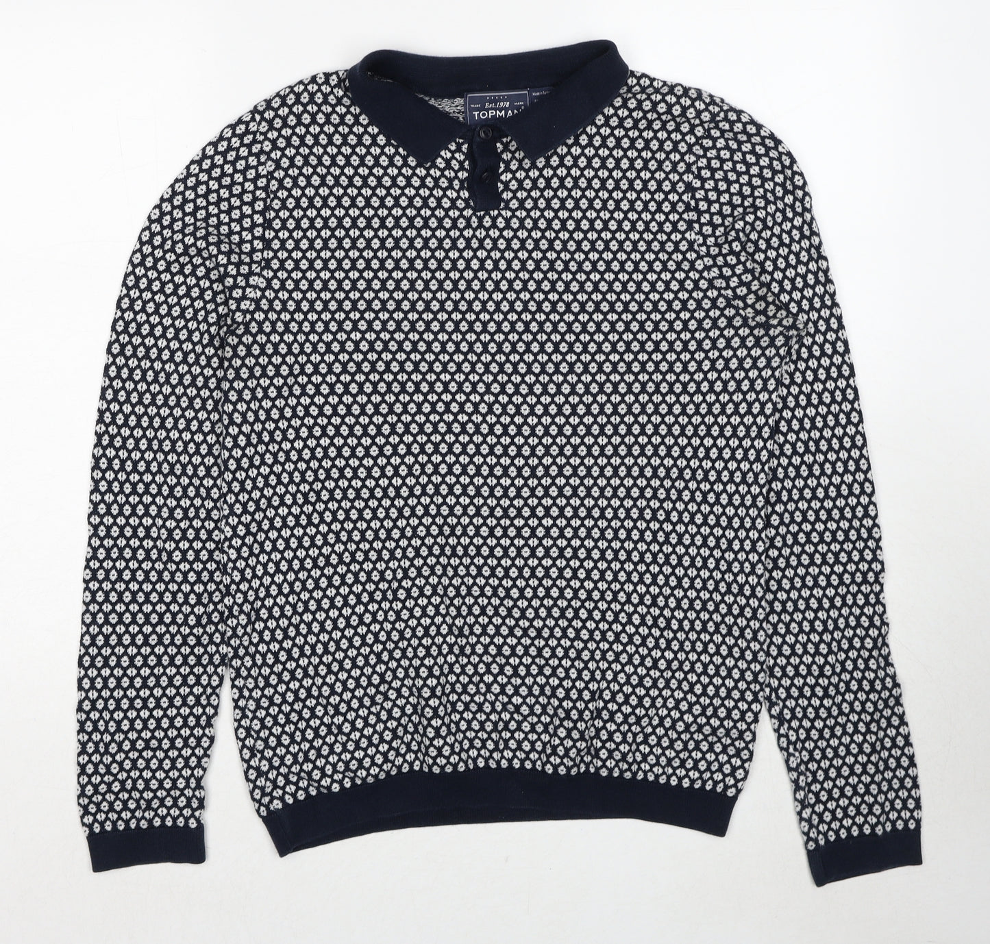 Topman Mens Black Collared Geometric Cotton Pullover Jumper Size S Long Sleeve