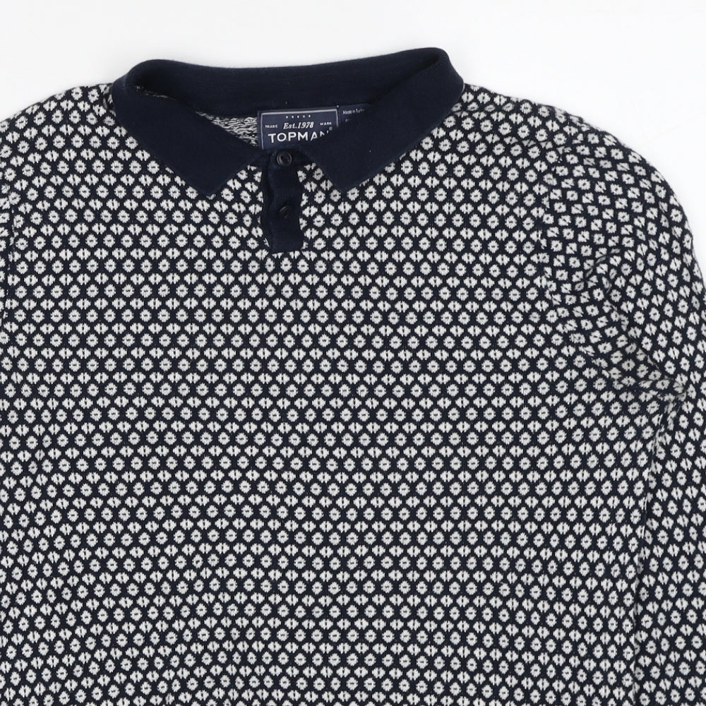 Topman Mens Black Collared Geometric Cotton Pullover Jumper Size S Long Sleeve