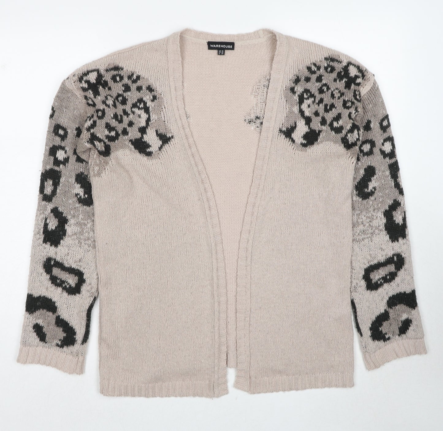 Warehouse Womens Beige V-Neck Animal Print Polyester Cardigan Jumper Size 10 - Leopard Pattern