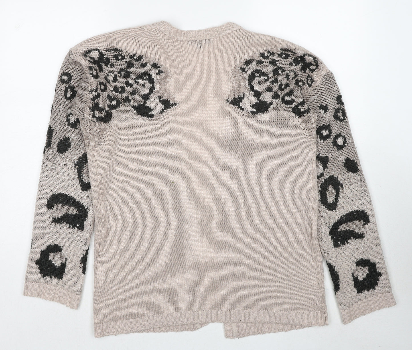 Warehouse Womens Beige V-Neck Animal Print Polyester Cardigan Jumper Size 10 - Leopard Pattern