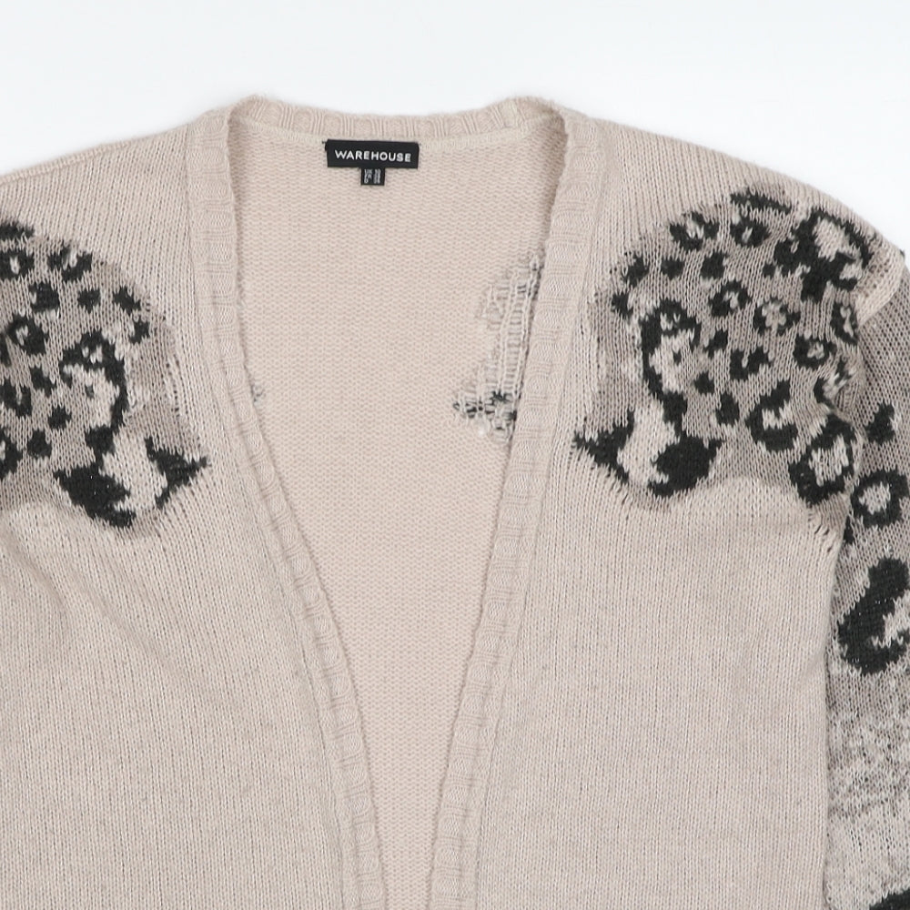 Warehouse Womens Beige V-Neck Animal Print Polyester Cardigan Jumper Size 10 - Leopard Pattern