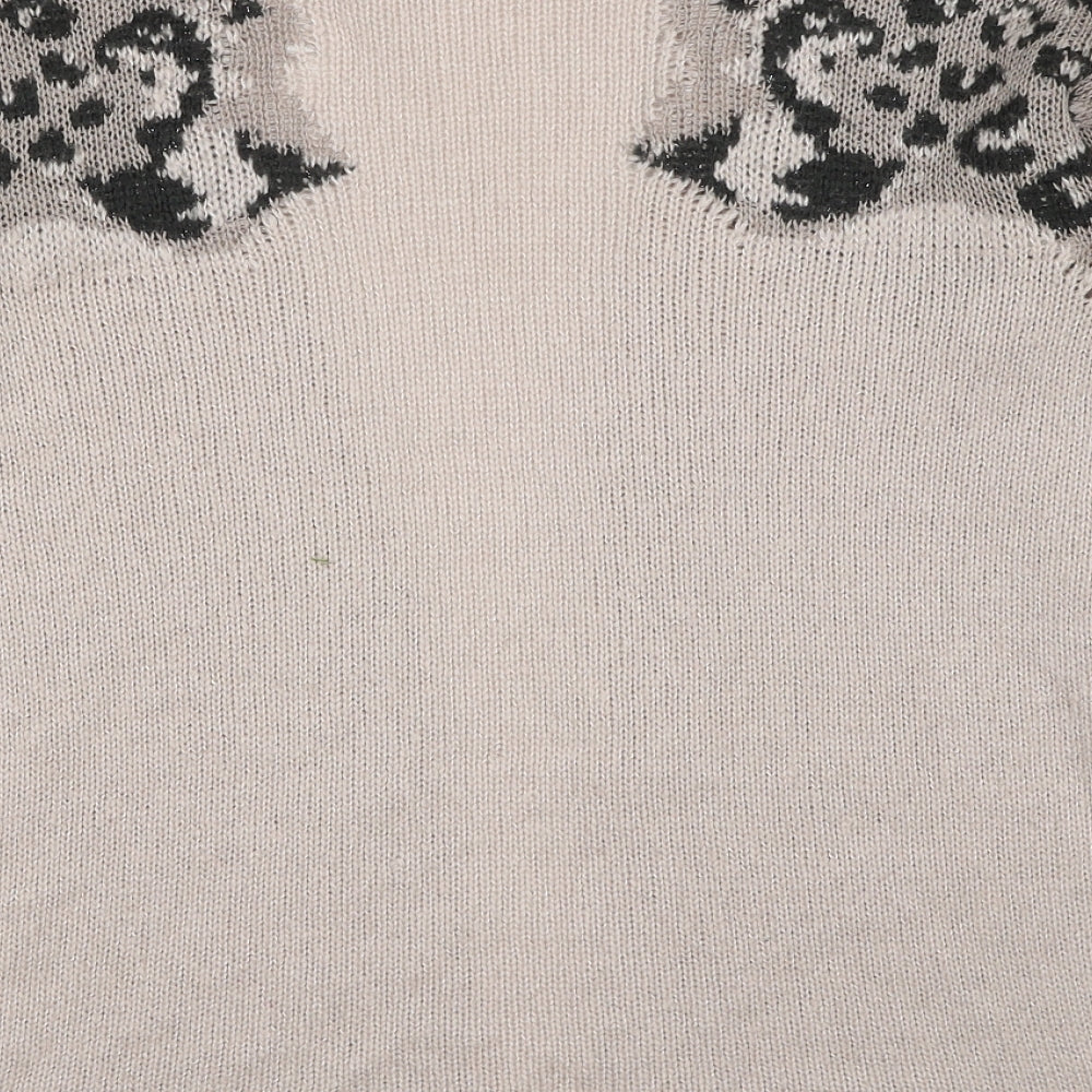 Warehouse Womens Beige V-Neck Animal Print Polyester Cardigan Jumper Size 10 - Leopard Pattern