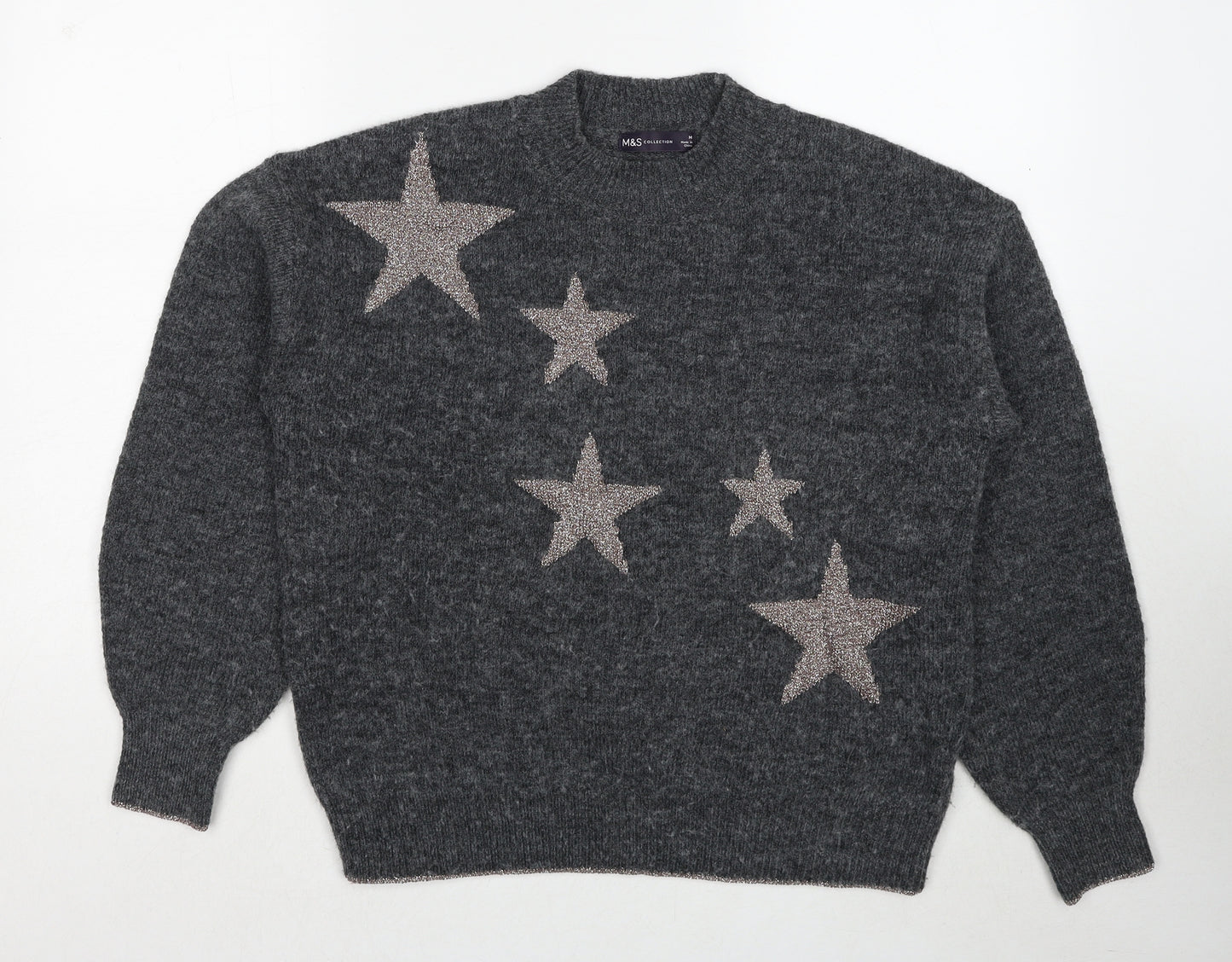 Marks and Spencer Womens Grey Round Neck Polyester Pullover Jumper Size M - Star Pattern