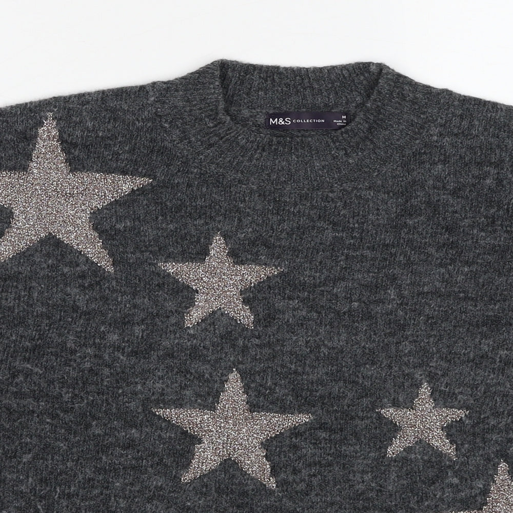 Marks and Spencer Womens Grey Round Neck Polyester Pullover Jumper Size M - Star Pattern
