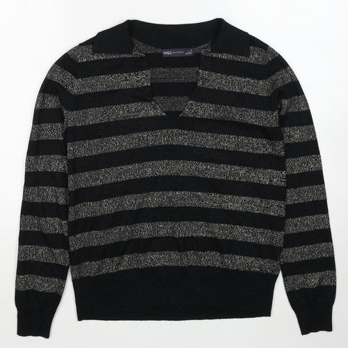 Marks and Spencer Womens Black Collared Striped Viscose Pullover Jumper Size S