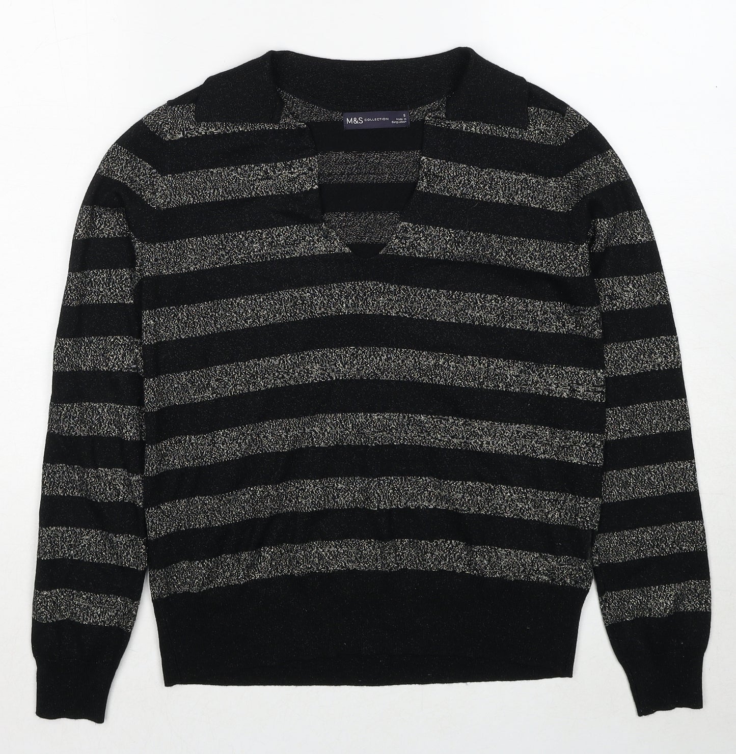 Marks and Spencer Womens Black Collared Striped Viscose Pullover Jumper Size S
