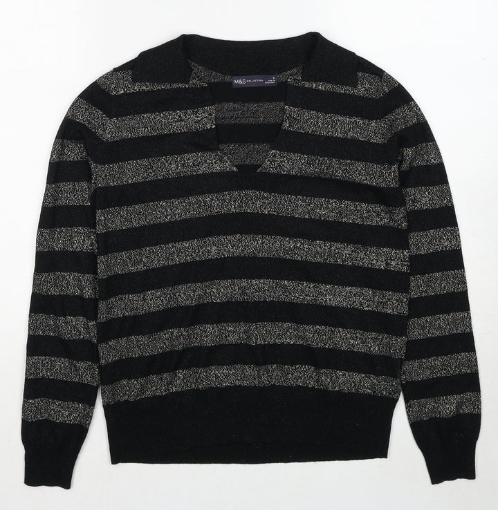 Marks and Spencer Womens Black Collared Striped Viscose Pullover Jumper Size S