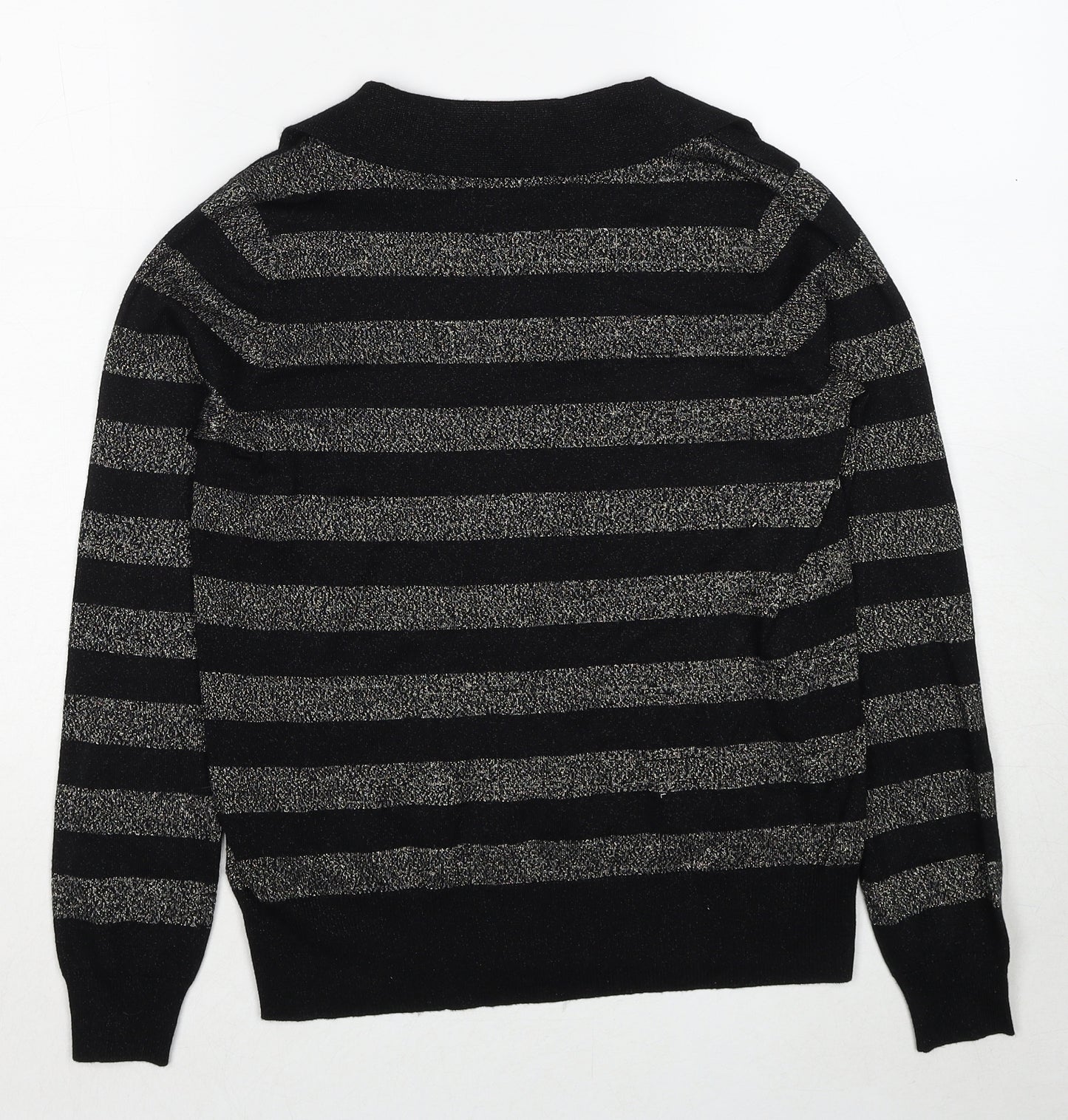 Marks and Spencer Womens Black Collared Striped Viscose Pullover Jumper Size S